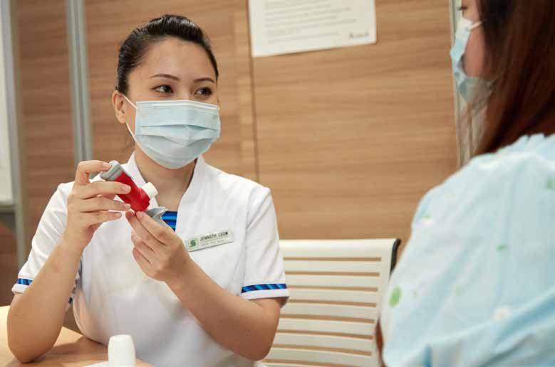  ​Under the A-CARE programme, Senior Staff Nurse Jenneth Leow provides asthma counselling and education on inhaler use to patients like Ms Katrina Tan (right), who was unaware of the severity of her symptoms until she was admitted to SGH’s ED in 2019 for a severe asthma attack.